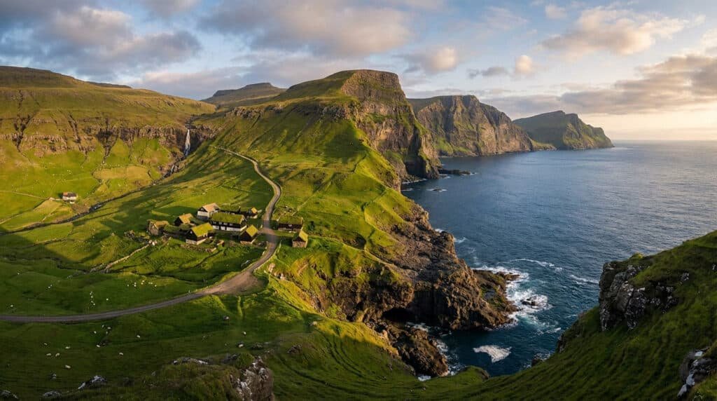 Faroe Islands landscape: green cliffs, blue ocean, turf-roof village, winding road, and distant waterfall under a dramatic sky.