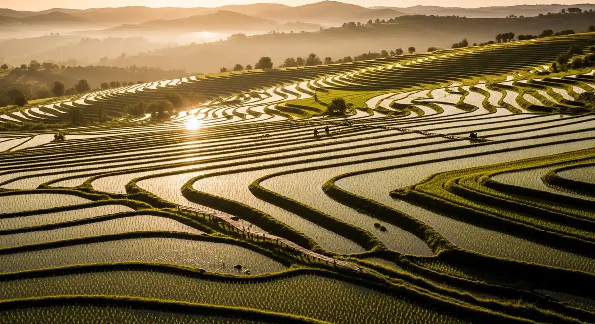 Arrozais portugais vus du ciel à l'heure dorée avec terrasses inondées et reflets dorés