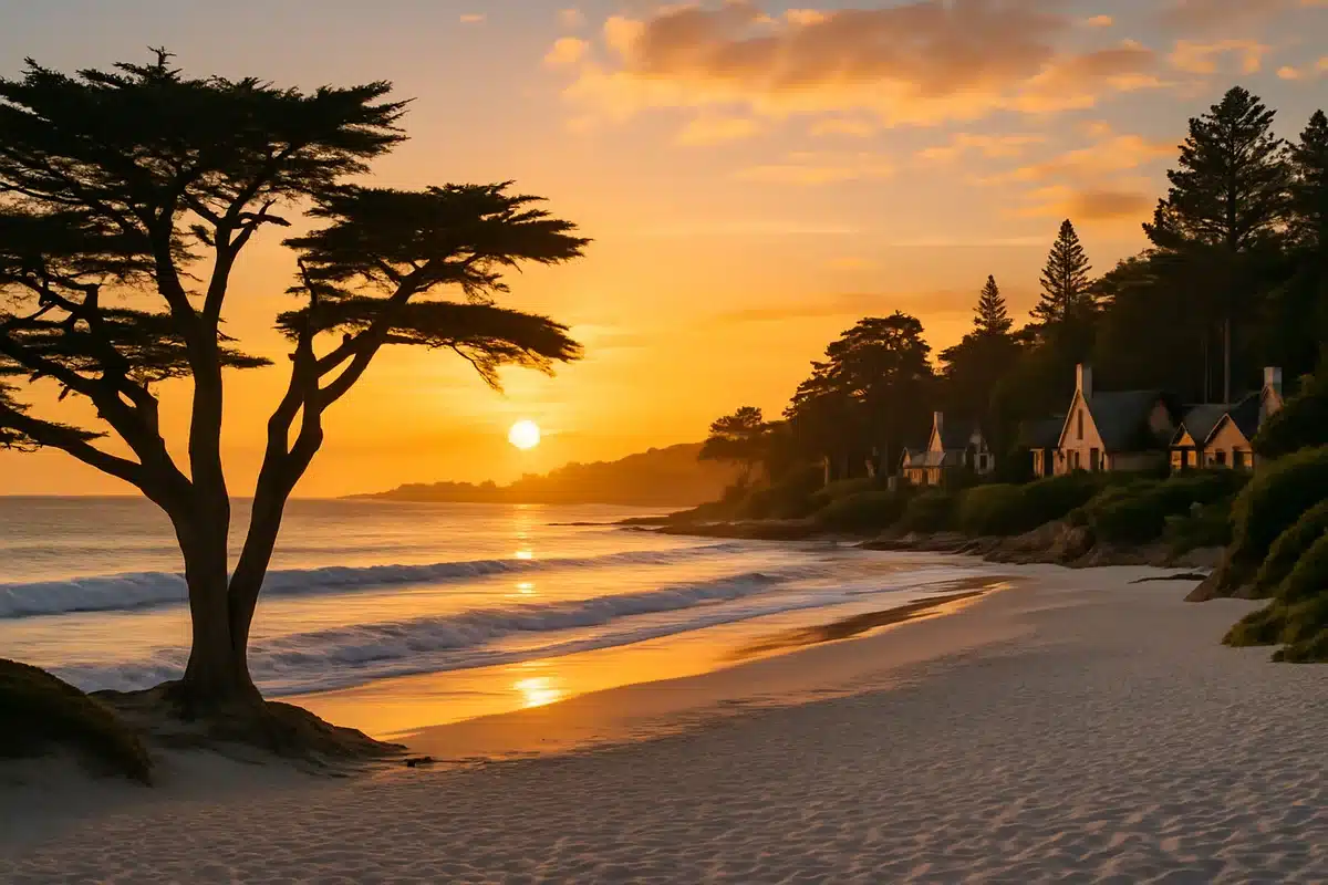 Paysage côtier de Carmel California 93923 United States avec cyprès de Monterey au coucher du soleil