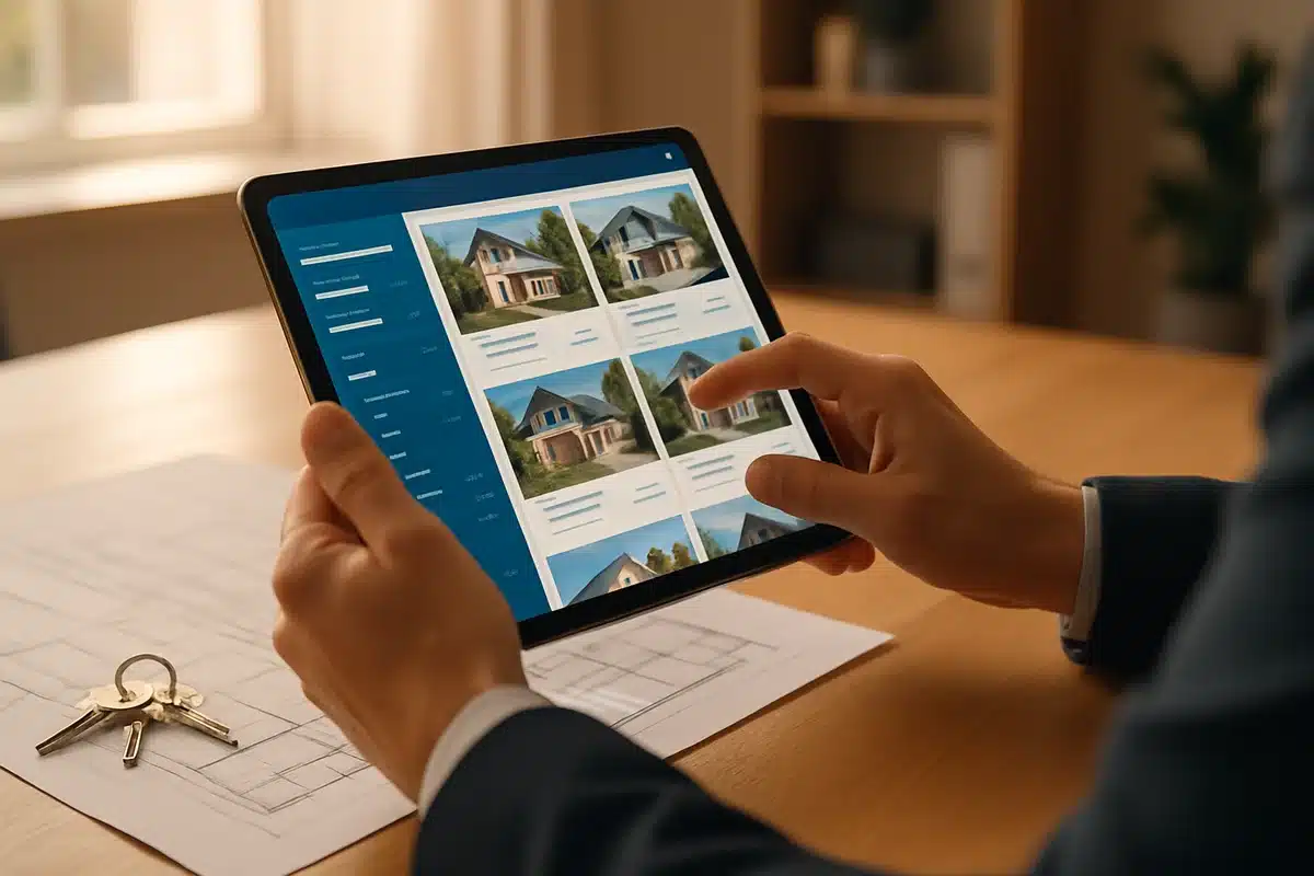Recherche immobilière Castorus sur tablette avec clés de maison et plans d'architecture sur bureau