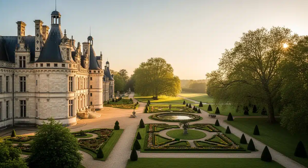 Château de la Motte-Husson avec ses tourelles et jardins français, architecture 19ème siècle