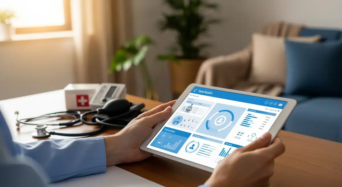 Professionnel de santé utilisant tablette Domatel pour services à domicile sur bureau avec équipement médical