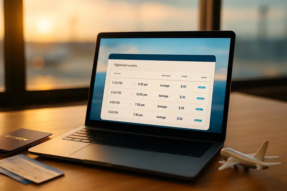 Bureau avec ordinateur portable affichant recherche de vols Flexivol, passeport et billets d'avion