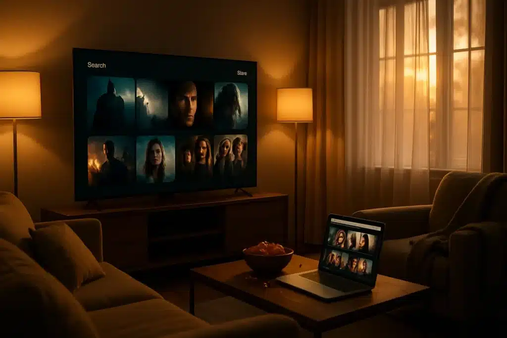 Salon moderne avec TV smart affichant interface streaming gamzig pour films et séries gratuits