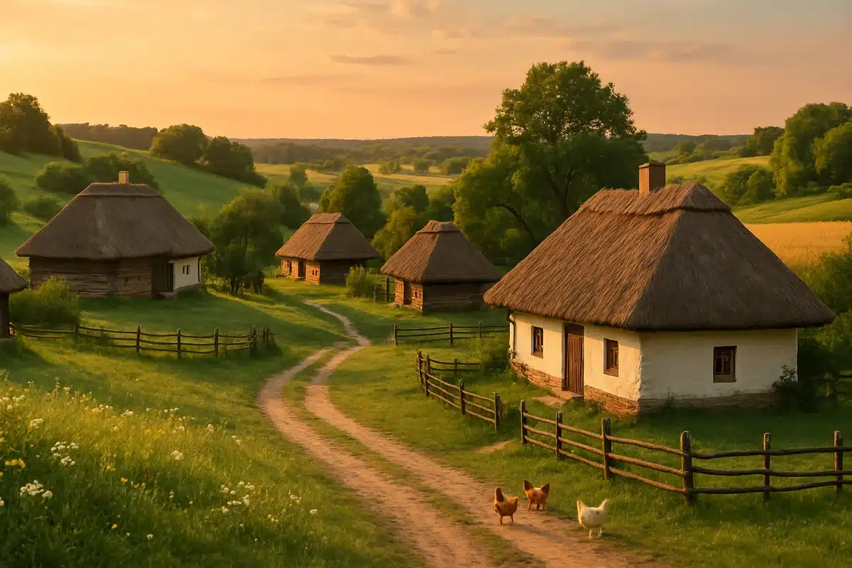 Village ukrainien Horile au coucher de soleil avec maisons traditionnelles en bois et collines verdoyantes