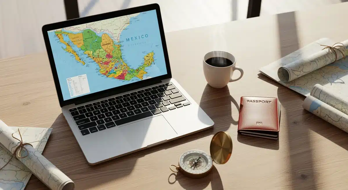 Bureau de planification voyage avec ordinateur portable affichant carte du Mexique et accessoires de voyage pour planet mexico com