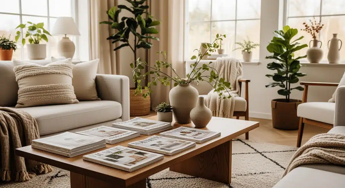 Magazines déco disposés sur table bois moderne salon cosy abonnement deco magazine maison-a-ma-facon.fr