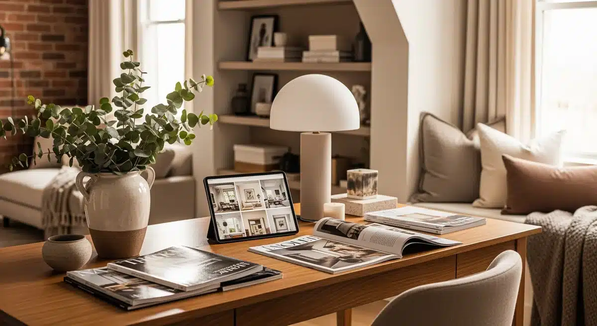 Bureau élégant avec magazines déco et tablette pour abonnement deco magazine maison-a-ma-facon.fr