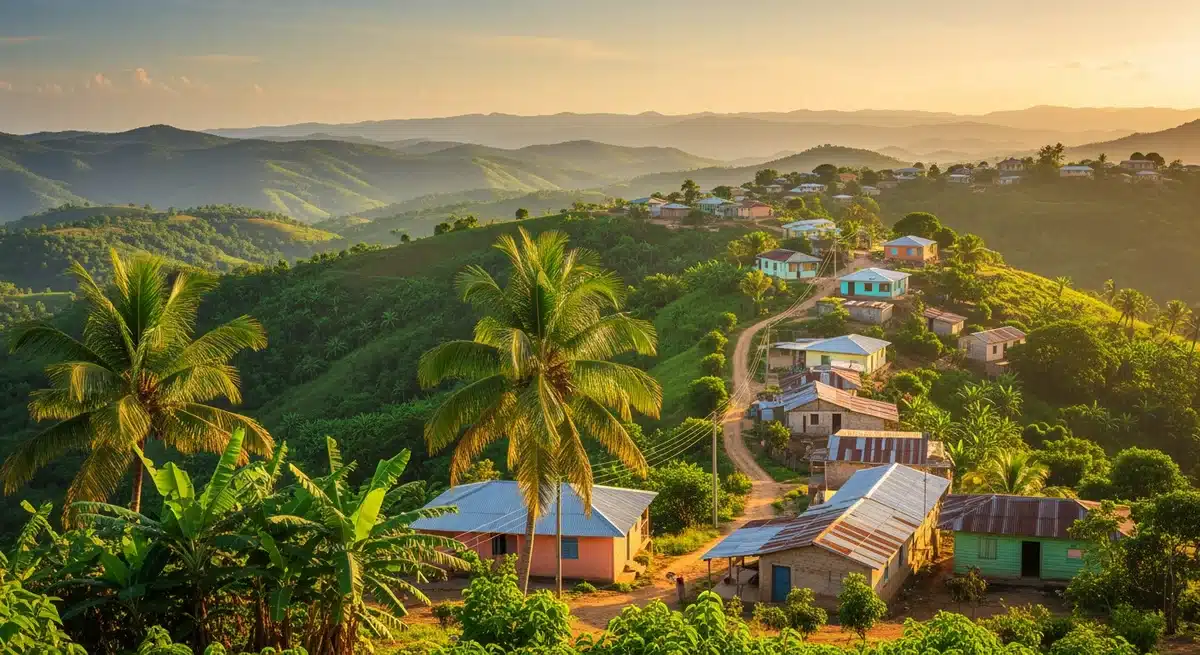 Village de Ganere en Haïti avec maisons colorées traditionnelles dans les collines verdoyantes