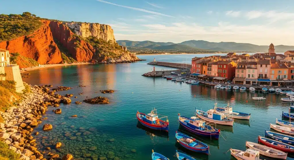 La Ciotat port méditerranéen avec falaises rouges, bateaux de pêche et maisons colorées au coucher du soleil