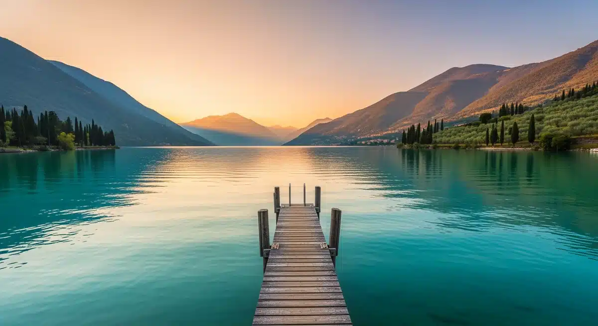 Lac italien en 4 lettres entouré de collines verdoyantes et cyprès méditerranéens au coucher du soleil