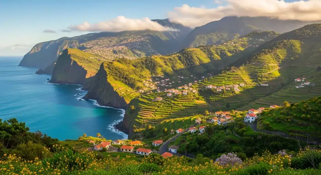 Paysage panoramique de Madère avec montagnes verdoyantes et océan Atlantique pour savoir quand partir