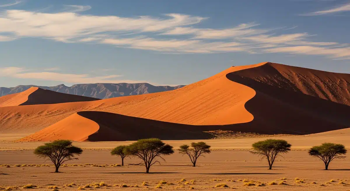 Paysage désertique namibien avec dunes rouges et acacias, destination phare d'omanda Tours
