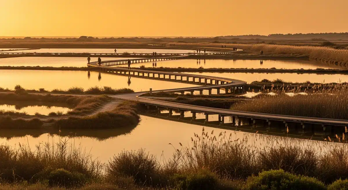 Sentiers en bois traversant les marais salants de la Pointe du Salaison près de Montpellier au coucher du soleil