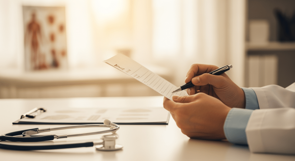 Médecin rédigeant une ordonnance Pristeg lors d'une consultation médicale professionnelle