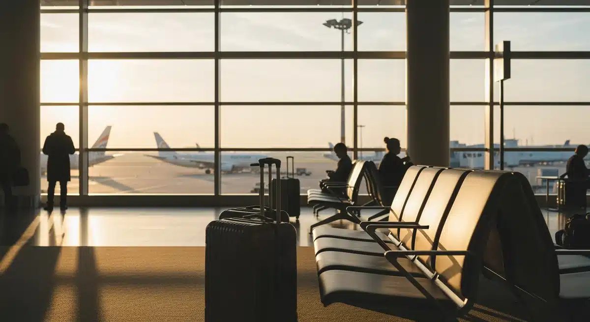 Terminal d'aéroport moderne et serein illustrant les principes du voyage slouk sans stress en 2026