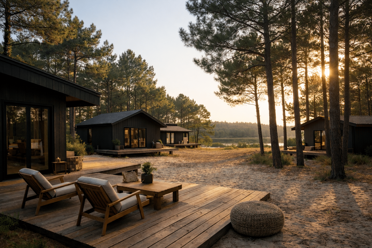 Slow Village camping à Biscarrosse vue aérienne entre lac et océan avec hébergements éco-luxe
