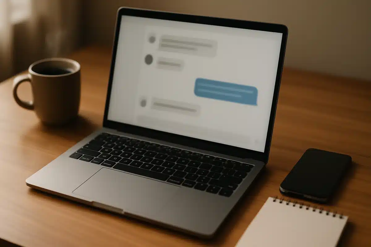 ```json { "altText": "Ordinateur portable affichant une interface de bounty chat sur un bureau avec café et smartphone", "caption": "Espace de travail moderne configuré pour accéder aux plateformes de bounty chat en toute sécurité", "description": "Configuration professionnelle d'un espace de travail montrant un ordinateur portable prêt pour se connecter à un bounty chat. Cette image illustre l'environnement idéal pour participer aux programmes de bounty en ligne tout en prenant les précautions nécessaires avant de se connecter." } ```