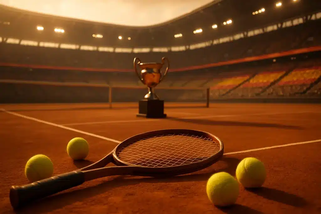 ```json { "altText": "Court de tennis en terre battue avec trophée de champion et couleurs espagnoles - Carlos Alcaraz", "caption": "Scène de tennis professionnelle évoquant les succès de Carlos Alcaraz sur terre battue en 2026.", "description": "Court de tennis professionnel en terre battue sous une lumière dorée, avec un trophée de champion en silhouette et les couleurs du drapeau espagnol en arrière-plan. Cette image illustre l'univers de Carlos Alcaraz, champion espagnol dont le palmarès et le classement ATP continuent de briller en 2026. La composition cinématographique capture l'essence du tennis de haut niveau et l'excellence sportive du joueur." } ```