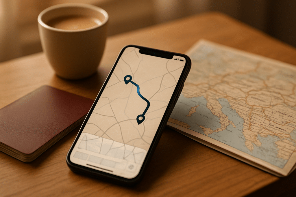 ```json { "altText": "Smartphone affichant l'interface rome2rio pour planifier un itinéraire de voyage avec carte et accessoires", "caption": "Interface de planification d'itinéraire sur smartphone avec accessoires de voyage, illustrant l'utilisation pratique de rome2rio en 2026.", "description": "Composition professionnelle montrant un smartphone avec une interface de planification de voyage rome2rio sur un bureau en bois, entouré d'un passeport, d'une tasse de café et d'une carte papier de destinations européennes. Cette image illustre la fiabilité et l'accessibilité de rome2rio comme outil de planification de voyages pour les utilisateurs modernes en 2026." } ```