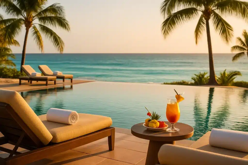 ```json { "altText": "Piscine à débordement luxueuse face à l'océan turquoise dans un séjour tout compris avec Selectour", "caption": "Découvrez l'expérience premium d'un séjour tout compris avec Selectour dans un resort tropical paradisiaque.", "description": "Resort tropical haut de gamme avec piscine à débordement, transats élégants et vue sur l'océan, illustrant parfaitement l'expérience d'un séjour tout compris avec Selectour. Cette image représente le confort et la sérénité que vous pouvez attendre de vos vacances sans surprise en 2026, avec tous les services inclus dans des destinations paradisiaques soigneusement sélectionnées." } ```